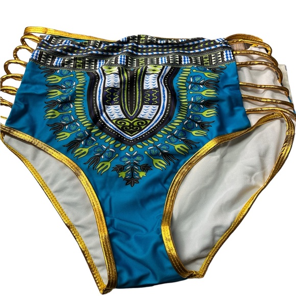 5for$10 Teal Blue And Gold High Waisted Bikini Swimsuit Aztec Extra Large NWOT - Picture 4 of 5